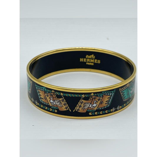 Hermes Black Enamel Bangle with Gold Trim